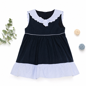 Elegante Vestido sin Mangas para Niñas de 2 a 10 Años, Corte en A, con Rayas Festoneadas, Cuello Peter Pan, Lazo y Volantes en el Bajo, Personalizado - Product Image 1