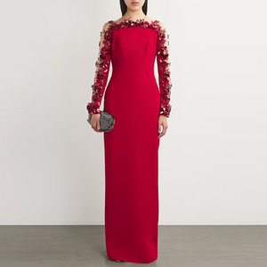 Abito Lungo Rosso Elegante con Perline e Rete 3D Floreale di Alta Qualità, <span class=keywords><strong>Taglie</strong></span> <span class=keywords><strong>Forti</strong></span>, per Serate di Gala 2026 - Product Image 3