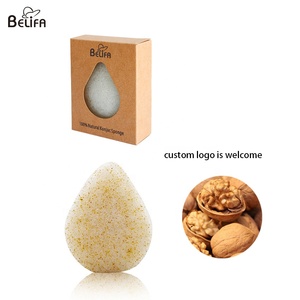 Éponge naturelle en konjac biologique Belifa, en forme de coquille, pour le corps et le visage, nettoyage en profondeur, exfoliation, noix de Grenoble, avec boîte - Product Image 2