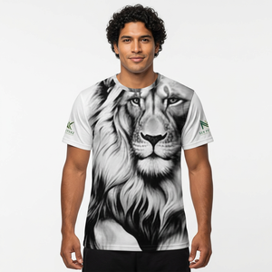 T-shirt pour homme avec impression photo de lion, manches courtes, col rond, coupe classique, style décontracté, tissu tricoté 100% polyester, respirant, séchage rapide - Product Image 1
