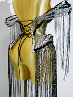 Ensemble de bikini à franges longues en strass noir et argent Cabaret Noir, style cage structurée, pour spectacle de scène Drag Queen Showgirl