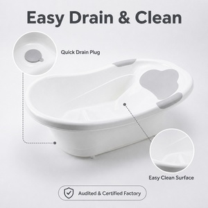 Baignoire bébé avec appui-tête nuage en TPE, antidérapante, support anti-basculement 3 points, bouchon de vidange rapide, 78,5 cm, PP gris et blanc, personnalisable OEM - Product Image 6