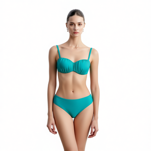 Costume da bagno HDJ Plus Size a due pezzi con controllo pancia, modello conservativo, fascia e slip a vita bassa, tinta unita, elasticizzato, per donna - Product Image 1