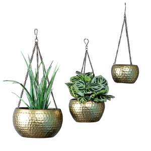 Set of 3Hanging Planter Pot With Chain For Indoor Outdoor Plants Decorative Gold Finish Circular Design Minimalist Style - Product Image 1