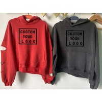 Sweat à capuche court personnalisé avec logo, effet vieilli et déchiré, style vintage, coupe oversize à épaules tombantes, en tissu gaufré double couche, délavé à la pierre