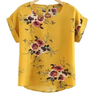 Zomer Mode Bloemenprint Blouse Pullover Dames O-hals T-Shirt Dames Dames Korte Mouwen