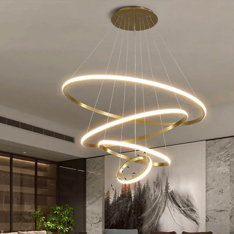 Plafonnier LED suspendu doré composé d'anneaux lumineux, design moderne, montage en surface, éclairage d'intérieur, luminaire décoratif de plafond, nouveau modèle, 2021