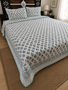 Modern Design Hand Block Printed Quilted Floral <b>Comforter</b> <b>Set</b> Handmade Jaipur Cotton Bedcover with 2 Pillow Covers - Product Image 1