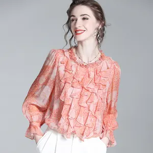 OEM/ODM高品质褶边上衣女式秋季真丝上衣气质花朵上衣