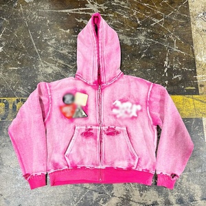 Sudadera con capucha Streetwear de 500 g/m² de alto gramaje, estilo vintage con lavado ácido, desgastada, de corte holgado y corto, con parche bordado y cremallera - Product Image 1