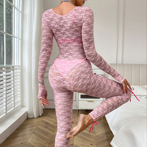 New Fashion Sexy Lace Tight Fitting Hip Hugging Pinkong Sleeved Long Pants Lace Jumpsuit 3pcs Sets Lingerie <b>Women</b> - Product Image 6