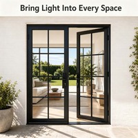 Porte double française noire à 8 panneaux avec grille en verre transparent et cadre en métal noir mat, pour intérieur et extérieur, idéale pour maison moderne américaine et patio