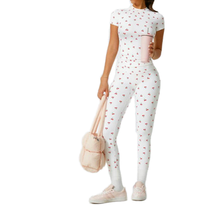 Ensemble de 2 pièces pour femme, haut de yoga à manches courtes avec logo sur le devant et leggings taille haute pour l'entraînement en salle de sport - Product Image 1