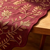 Housse de Challah en Lin Bourgogne en Gros avec Broderie Botanique Dorée, Bord Festonné, Tissu Lavable, pour le Shabbat Juif, Quatre Saisons
