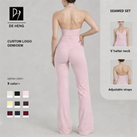 Ensemble de sport nude personnalisé de haute qualité : Haut de yoga à col halter en V avec bretelles réglables et Leggings taille haute très élastiques – Ensembles de yoga