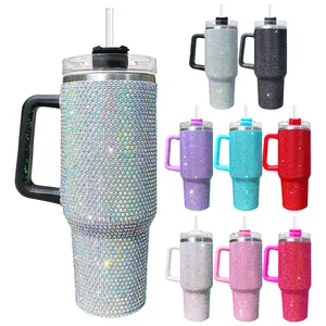 Ready To Ship 40oz Diamond Bedazzled Black Purple Blue Red Silver Pink Rose Red Rhinestone Tumbler with Handle Lid and Straw