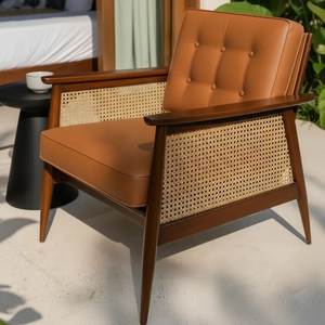 Solid Wood Rattan Accent Chair Tufted Upholstered <b>Single</b> Seat Leisure <b>Armchair</b> for Balcony Living Room Hotel - Product Image 3