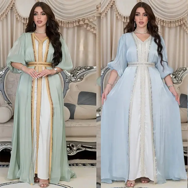 Bescheiden Vrouwen Jurken Marokkaanse Kaftan Luxe 2023 Zijde Satijn Elegante Lantaarn Mouw 3 Stuks Jurk Diamanten Abaya Moslim Sets Ramadan