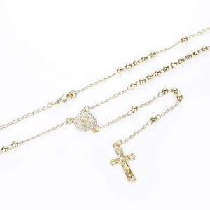 Collar de Rosario de Perlas con Baño de Oro de 14K y Circones, Cruz de Jesús y Virgen María, para Joyería Católica - Product Image 3