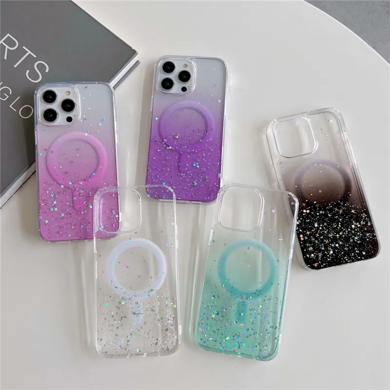 Gradient Glitter Clear Soft Silicone Magnetic Wireless Charge Case For iPhone 14 Plus 11 12 13 Pro Max