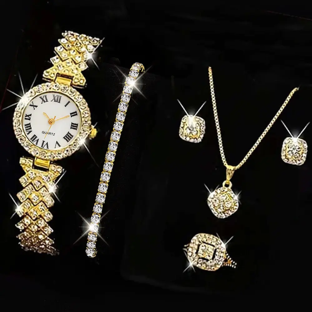2023 lüks Quartz saat takı seti moda kadınlar kristal Rhinestone saatler bilezik küpe kolye seti