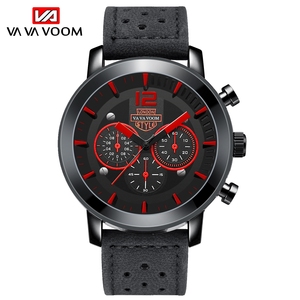 Rugged Mens British Style <b>Watch</b> Chronograph Black <b>Case</b> Perforated Leather Strap Wristwatch - Product Image 3