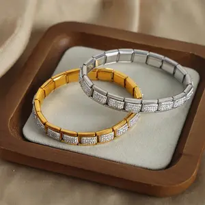 Ins Minimalist Cubic Zirconia Italian Charm Bracelet Square Plaque Strap Splicing Design Stainless Steel Gold Plated Bracelet