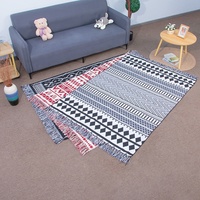 Bohemian Style Bedroom Bathroom Rug Runner 100% Cotton Cross Weave Antimicrobial Black Geometric Animal Print Reversible Tassels