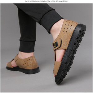 รองเท้าแตะผู้ชายแบบเวลโครแบบแบน ระบายอากาศได้ดี รองเท้าชายหาดกลางแจ้งแบบลำลอง สีดำ สีกากี 6602 - Product Image 4