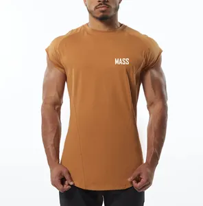Custom Men's short sleeve gym t shirts with Curved hem cotton spandex t shirts screen printing
