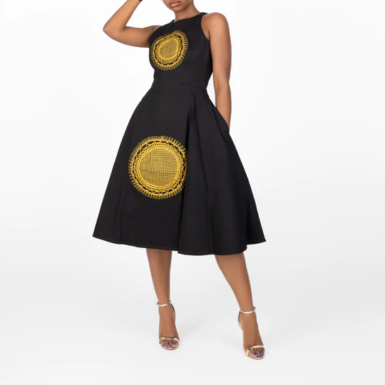 Dashiki Embroidery Women Dress Gold Embroidery Black Sleeveless Dress  African Print Silk Round Neckline Dress for Party