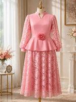 Set Rok Maxi Ukuran Besar ATP060665 Kerah Tegak Lengan Lentera Atasan Ruffle Bunga 3D + Rok Maxi Renda Set Pakaian Wanita 2 Potong