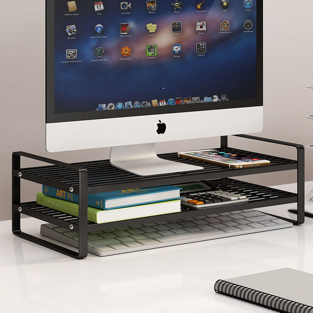 2-Tier Metal Computer Desk Organizer with Monitor Riser and Pen Holder Drawer Workspace Storage Accessories