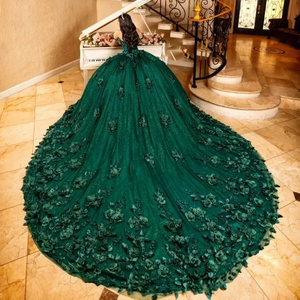Vestidos De Quinceañera <span class=keywords><strong>Verde</strong></span> <span class=keywords><strong>Esmeralda</strong></span> con Purpurina y Flores 3D para <span class=keywords><strong>Fiesta</strong></span> de 15 Años, Baile Formal, Dulces 16 y Jóvenes MQ621 - Product Image 1