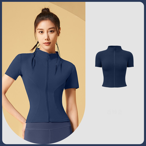 Respirant sans couture sport serré casual Fitness fermeture éclair col montant vêtements à manches courtes luxe Yoga hauts pour femmes - Product Image 5