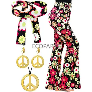 2個60年代70年代女性用衣装ヒッピーコスチュームセットディスコフレアパンツ70年代グルーヴィー衣装ハロウィンパーティーアクセサリー