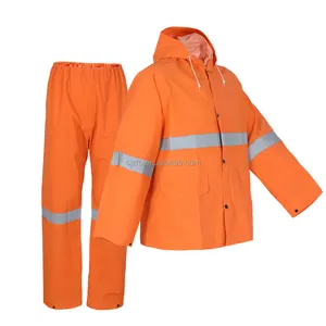 Unisex amarillo impermeable de pvc y pantalones pvc/poliéster traje de lluvia con cinta reflectante