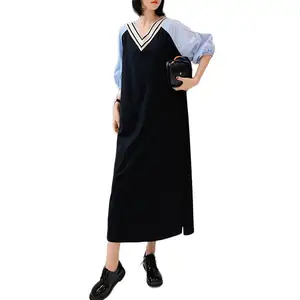 מפעל מחיר טרנדי קוריאני נשים טלאים V צוואר מקרית ארוך שמלת בנות פאף שרוול גדול מקסי כותנה T חולצה שמלות
