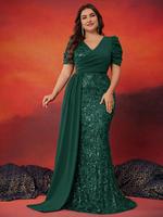 Robe de soirée élégante pour femmes, grande taille, col en V, manches courtes, drapée, robe de soirée de luxe, paillettes