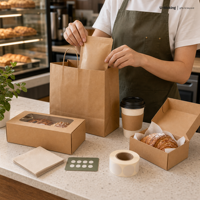 Kit d'emballage personnalisé pour café et boulangerie à emporter avec sac en papier, manchon pour gobelet, boîte à pâtisserie, pochette, autocollant, serviette, carte, boîte cadeau, ensemble en vrac