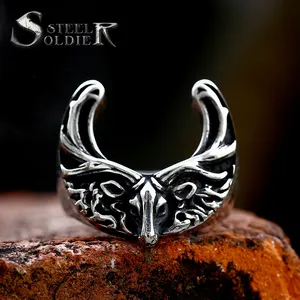 Bague de cerf en acier inoxydable SS8-1071R, bague rétro tendance pour hommes, bague punk vent tête de cerf, bague animal, bijoux