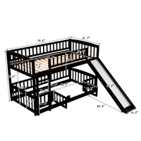 Lit superposé double à hauteur réduite Espresso avec glissière et échelle, barrière de sécurité pour enfants et adolescents