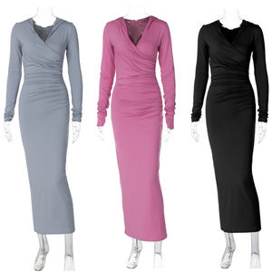 Automne Hiver Vêtements À Manches Longues Oded Robe Moulante Plissée Tenues Décontractées Maxi Robes Femmes - Product Image 5