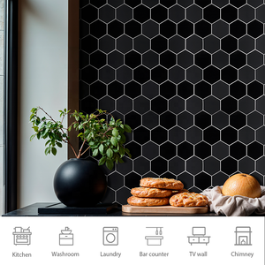 Foshan Factory SPC Mosaic <b>Tile</b> Black Mirror and Matte Hexagon Peel-and-Stick <b>Tiles</b> Self-Adhesive Wall <b>Tiles</b> for Wall Decoration - Product Image 2