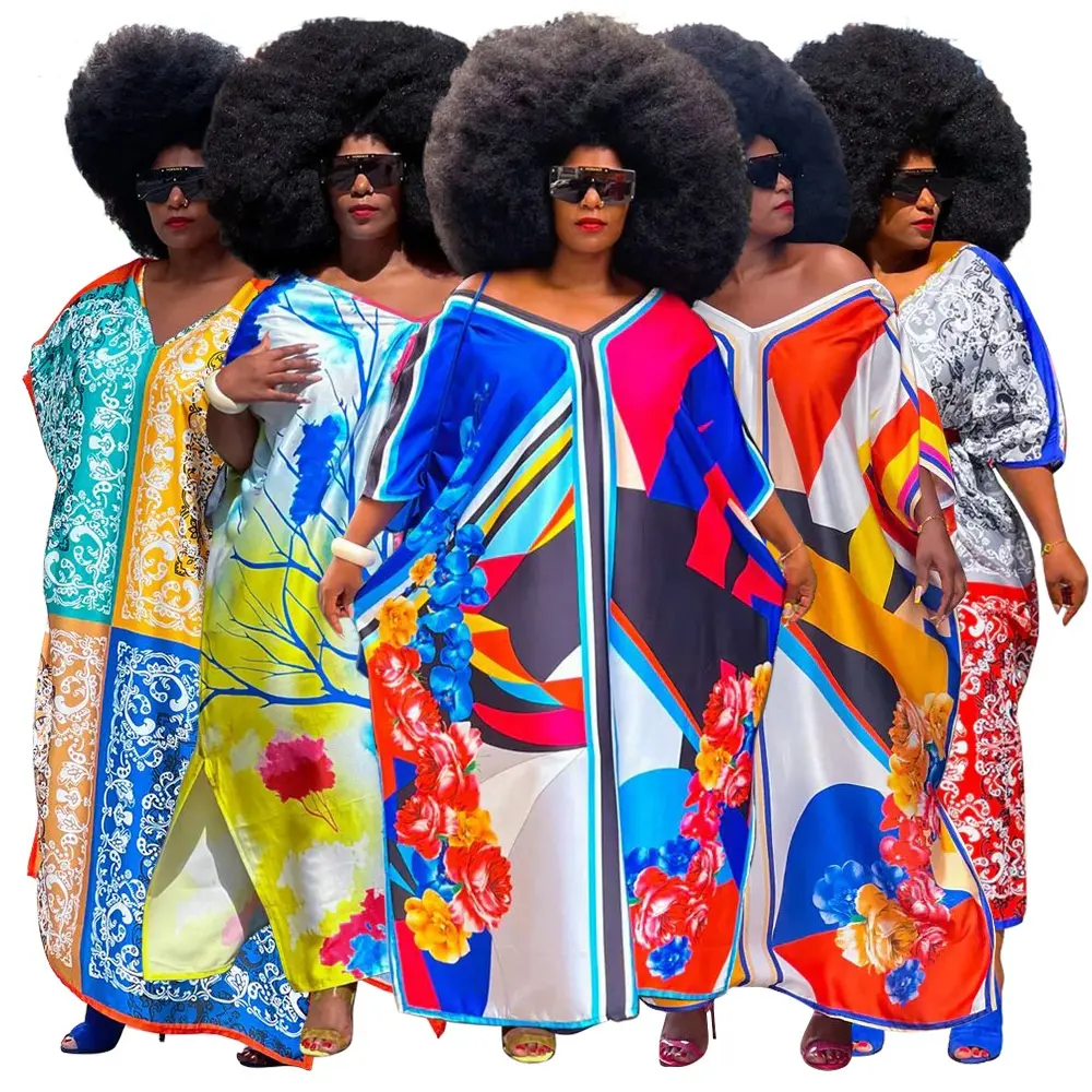 Zhezhe Fashion Abaya Moslim Jurken Kaftan Marocain Zijden Jurk Vestidos Elegantes Bloemenprint Full Length Maxi Boho Jurk Vrouwen