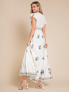 White Woven Natural Waist High Fashion Embroidered <b>Short</b> Sleeve <b>Maxi</b> <b>Dress</b> 100% Cotton Washable - Product Image 6