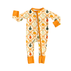 Précommande Combinaison-pyjama personnalisée OEM pour bébés filles, à manches longues, douce et extensible, avec motifs feuilles, tracteurs et citrouilles, zippée, pour l'automne - Product Image 3