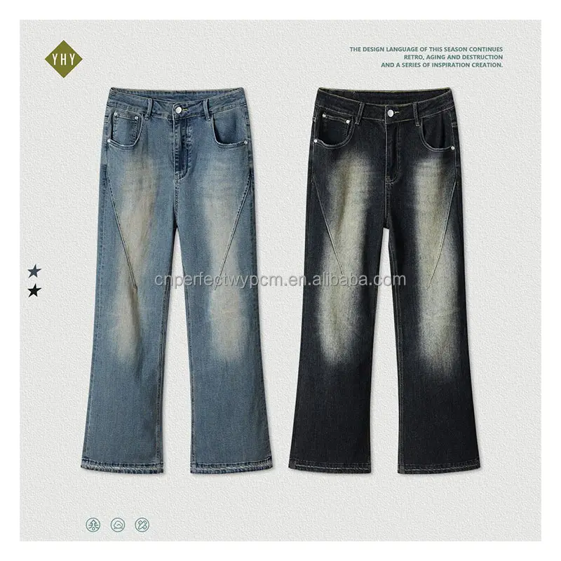 Özel Logo Oem Odm kot erkekler ağır sıkıntılı yıkanmış sıkıntılı kot düğmesi gözyaşı uzakta Flare Denim pantolon Unisex