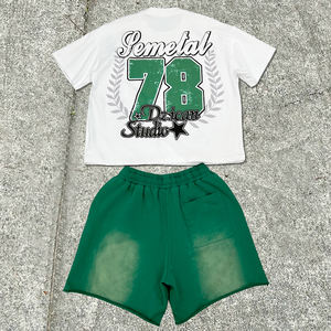 High Quality Summer Screen Printing t Shirt Heavyweight Graphic <b>Tracksuits</b> Acid Wash Cotton <b>Shorts</b> and T-shirt Sets for <b>Men</b> - Product Image 2