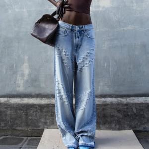 Nueva Llegada, Jeans de Pierna Ancha Personalizados de Alta Calidad para Mujer, Jeans de Calle, Algodón, Lavado Ácido, Desgastados, Estilo Cargo, Holgados - Product Image 2